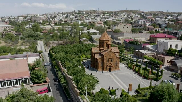 Aerial view Armenian Apostolic Church in Yerevan, Armenia. Drone view SURB ASTVATSATSIN CHURCH (NORK).  Western Asia, Eurasia, South Caucasus, Republic of Armenia. 