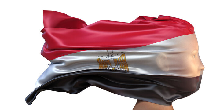 Nationalflagge von &Auml;gypten weht &uuml;ber dem Gesicht einer Frau (Frauenrechte, Gleichberechtigung, Menschenrechte, Suverenit&auml;t)