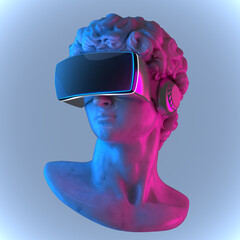 Concept futuristic illustration from 3D rendering of white marble classical head sculpture with virtual reality visor headset isolated on grey background. - obrazy, fototapety, plakaty