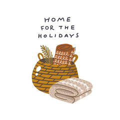 Home for holidays. Christmas card. Hand drawn illustration in cartoon style. Cute concept for xmas. Illustration for the design postcard, textiles, apparel, decor