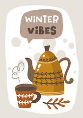 Winter vibes. Christmas card. Hand drawn illustration in cartoon style. Cute concept for xmas. Illustration for the design postcard, textiles, apparel, decor
