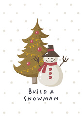 Build a snowman. Christmas card. Hand drawn illustration in cartoon style. Cute concept for xmas. Illustration for the design postcard, textiles, apparel, decor