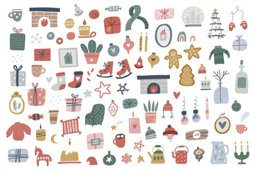 Merry Christmas or Happy New Year collection. Traditional winter holidays elements. Hand drawn icon vector illustration. Good for label, banner, tags, stickers, greeting card, party invitation, poste