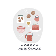 Cozy christmas. Christmas card. Hand drawn illustration in cartoon style. Cute concept for xmas. Illustration for the design postcard, textiles, apparel, decor