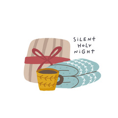 Silent holy night. Christmas card. Hand drawn illustration in cartoon style. Cute concept for xmas. Illustration for the design postcard, textiles, apparel, decor