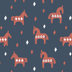 Seamless Christmas pattern with red wooden horses in scandinavian style. Vector illustration print. Swedish folk art Dala or Daleclarian horse