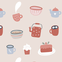 Christmas seamless patterns with winter essentials in scandinavian style. Flat background with pot, cup, cake, bowl, muffin. Good for print, paper, design, fabric, decor, gift wrap, background