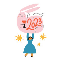 Vector celebration illustration of Chinese New Year 2023 symbol, year of the rabbit. Typography poster girl holding big pink rabbit with wine glass and stars. Trendy animal party print with hare