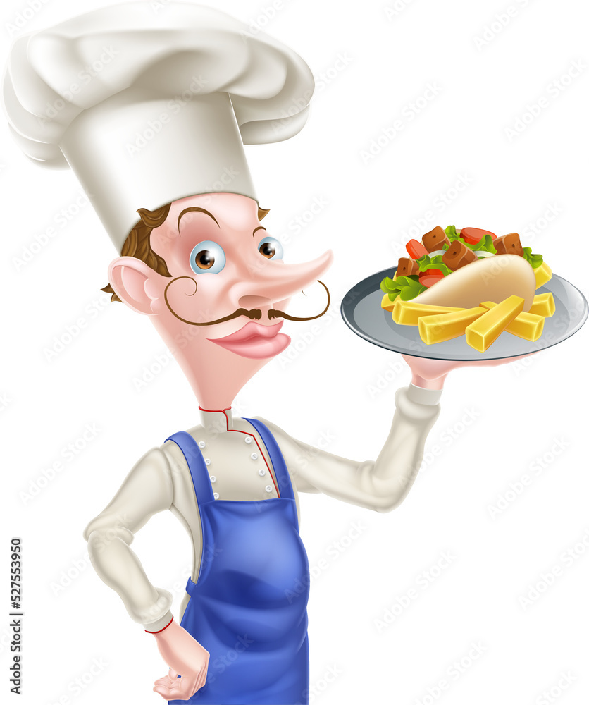 Canvas Prints cartoon chef with pita kebab and chips