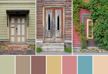 Fototapeta na wymiar Color matching palette from image of old wooden doors with withered peeling paint. Tartu, Estonia. European historic architectural details.