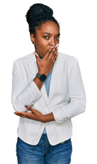 Young african american woman wearing business clothes bored yawning tired covering mouth with hand. restless and sleepiness.