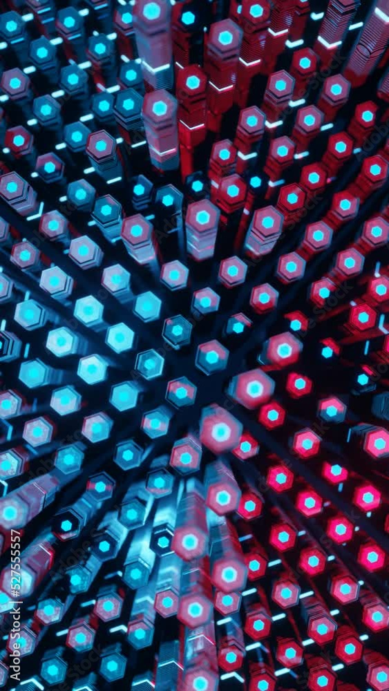 Leinwandbilder Vertical 3D rendered loop video with moving hexagonal columns in neon glowing light background. Abstract blue and pink technologic seamless looped animation. Hyperrealistic dimensional pattern