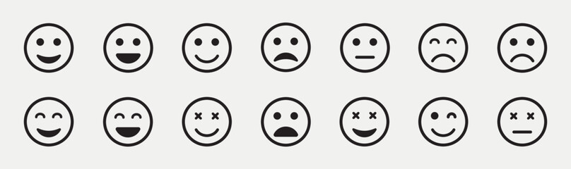 Emoticons Line Icon Set. Positive, Happy, Smile, Sad, Unhappy Faces Pictogram. Emoji faces collection. Emojis flat style. Feedback sign and symbol. Vector Illustration