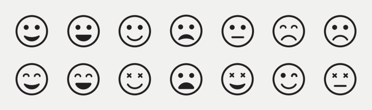 Emoticons Line Icon Set. Positive, Happy, Smile, Sad, Unhappy Faces Pictogram. Emoji faces collection. Emojis flat style. Feedback sign and symbol. Vector Illustration