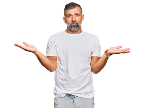 Middle age handsome man wearing casual white tshirt clueless and confused with open arms, no idea concept.
