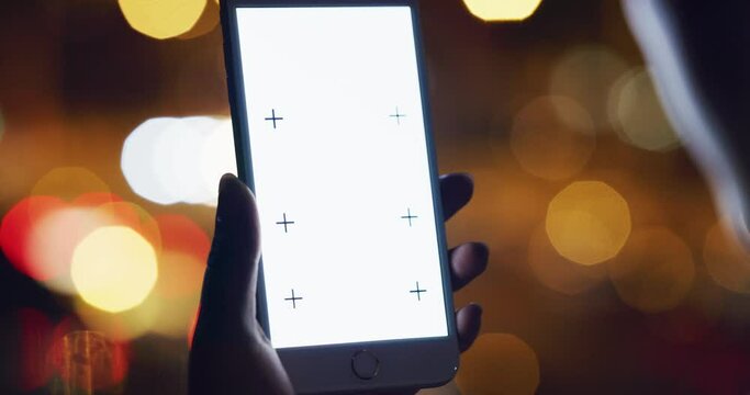Mockup, phone and communication on a mobile screen for marketing, advertising and ux or ui design with tracking markers. Web design, brand and logo on a mobile display in the hand of a woman outside