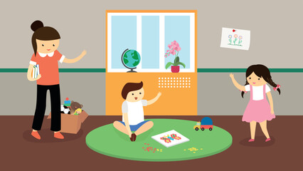 Children collect mosaics on the floor in kindergarten