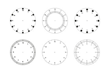 Set blank analog clock faces for watches, simple templates with mechanical dials, watch face vector illustration.