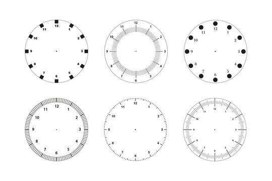 Set blank analog clock faces for watches, simple templates with mechanical dials, watch face vector illustration.