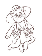 illustration character contour line sketch funny cat animal blogger stylist in trench coat and hat fashion style close-up design elements