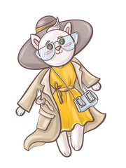 illustration character cartoon style colored yellow and beige funny cat animal blogger stylist in trench coat and hat fashion style design elements close up