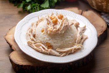 Traditional delicious Turkish food; Rice with chickpeas and chicken (Turkish name; Tavuklu nohutlu pilav or pilaf)