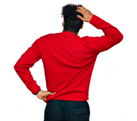 Young african american man with beard wearing casual winter sweater backwards thinking about doubt with hand on head