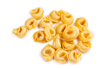 Raw fresh tortellini pasta isolated on white background