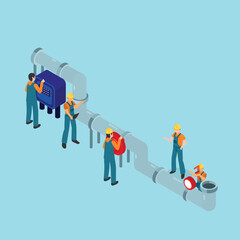 Technicians fixing pipes isometric 3d vector illustration concept for banner, website, illustration, landing page, flyer, etc.