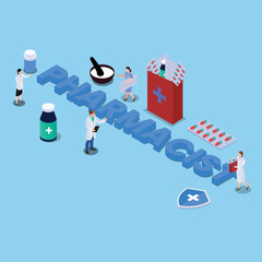 Pharmacist and medical treatment isometric 3d vector illustration concept for banner, website, illustration, landing page, flyer, etc.