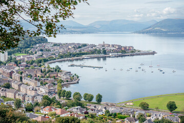 A view of Gourock and Gourock Bay on the Firth of Clyde, seen from the viewpoint on Lyle Hill, Greenock, Inverclyde, Scotland.