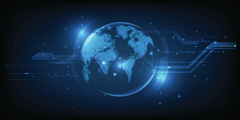 Vector illustrations of futuristic blue digital globe with digital element grid line circuit pattern.Digital innovation technology and online communication strategy concepts. 