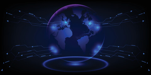Vector illustrations of futuristic digital technology artwork with globe and digital element grid line circuit for advertising and game artwork.