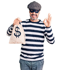 Middle age handsome man wearing burglar mask holding money bag doing ok sign with fingers, smiling...