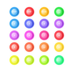 3d bullet point vector illustration set - isolated bright colorful round pointers with numbers from 1 to 15 and start, stop, pause, switch on off buttons. Volumetric buttons with shadow for game