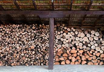 Chopped dry wood of different sizes and piled and stored undel roof for winter