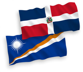 National vector fabric wave flags of Republic of the Marshall Islands and Dominican Republic isolated on white background. 1 to 2 proportion.