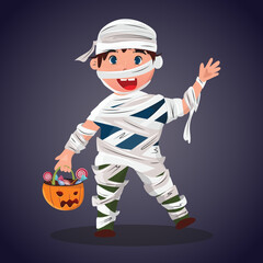 Happy Halloween illustration. Funny boy dressed as mummy. 