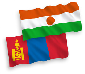 National vector fabric wave flags of Republic of the Niger and Mongolia isolated on white background. 1 to 2 proportion.