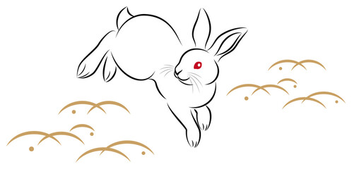 年賀状素材 卯年 飛び跳ねるウサギ 絵筆で描いた墨絵風のお洒落なイラスト ベクター