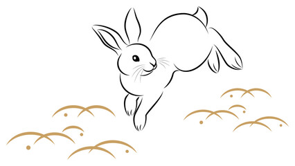 年賀状素材 卯年 飛び跳ねるウサギ 絵筆で描いた墨絵風のお洒落なイラスト ベクター 