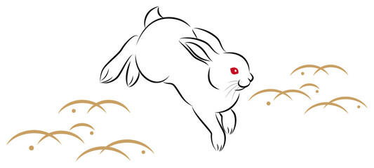 年賀状素材 卯年 飛び跳ねるウサギ 絵筆で描いた墨絵風のお洒落なイラスト ベクター 