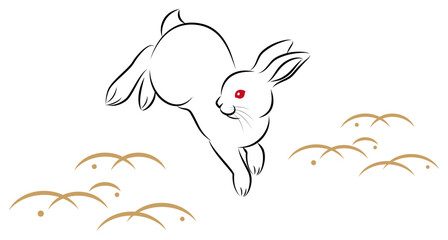 年賀状素材 卯年 飛び跳ねるウサギ 絵筆で描いた墨絵風のお洒落なイラスト ベクター