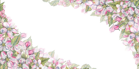 Horizontal frame of pink apple blossoms and leaves. Watercolor illustration. For registration and design of invitations to a wedding, a romantic party, a beauty salon certificate, ads.