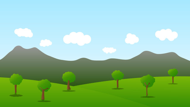 landscape cartoon scene with green tree on hill and white cloud in summer blue sky background
