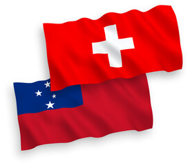National vector fabric wave flags of Independent State of Samoa and Switzerland isolated on white background. 1 to 2 proportion.