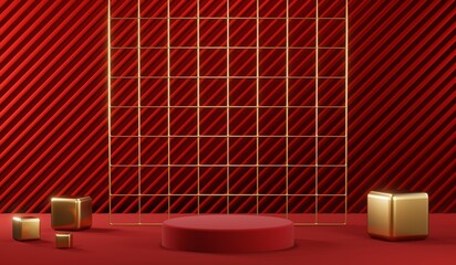 3D rendering of blank product background for cream cosmetics Modern red podium background