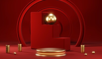 3D rendering of blank product background for cream cosmetics Modern red podium background