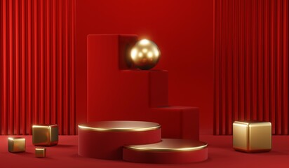 3D rendering of blank product background for cream cosmetics Modern red podium background