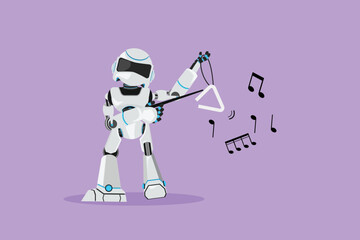 Character flat drawing robot musician playing musical triangle on stage. Classical music orchestra instrument. Humanoid robot cybernetic. Future robotic industry. Cartoon design vector illustration © onetime